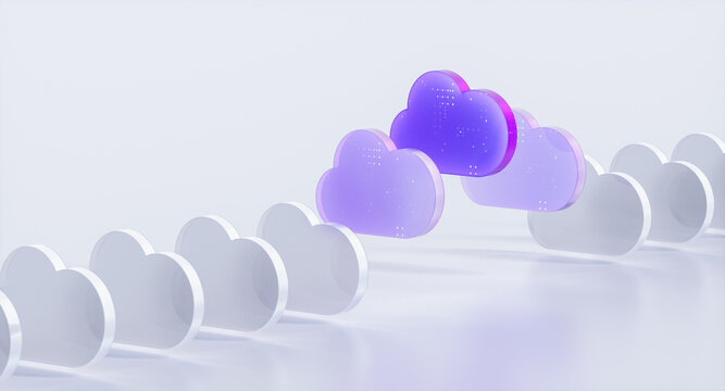 3D glassmorphic cloud computing icons with digital data in row on white background.