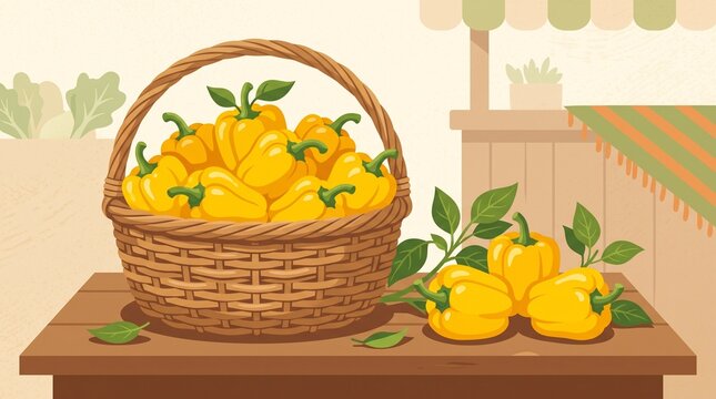 Fresh yellow bell peppers in a woven market basket with loose produce in a warm flat design illustration for farmers markets, groceries, organic food, harvest, and healthy eating.