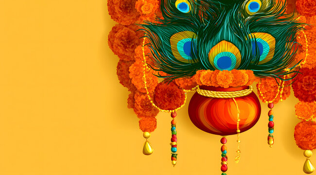 Krishna Janmashtami celebration backdrop featuring a suspended yogurt pot decorated with peacock feathers and marigolds