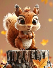 Fototapeta premium Adorable Wildlife Illustration, Adorable 3D Squirrel Holding an Acorn Illustration