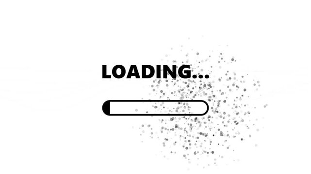 Progress bar animation with digital particles evolving during loading process on black and white background