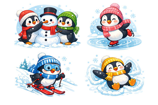 Set of six penguin characters in winter activities, wearing colorful hats and scarves. Perfect for holiday or winter themed illustrations.