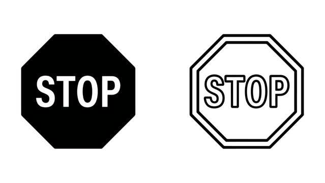 Stop Sign Icon Duo: Two octagonal stop signs, one solid black and one outlined white, conveying a clear message of halt and caution.