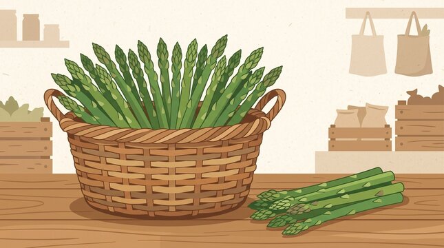 Fresh asparagus harvest overflowing from a rustic woven basket in a warm flat design illustration representing organic farming, seasonal produce, farmers markets, groceries, and healthy food.
