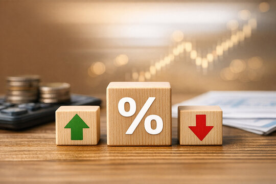 Three colorful blocks representing percentages. Two green with up arrows and one red with down arrow.