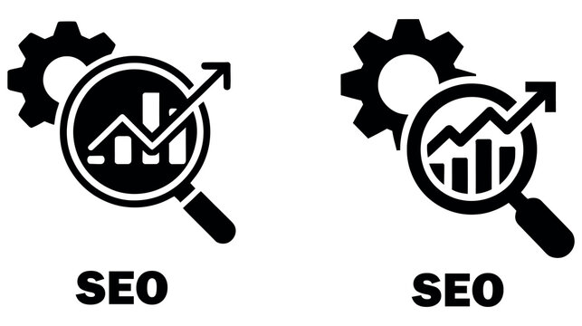 Search engine optimization SEO icon set featuring gear and growth bar chart analytics.