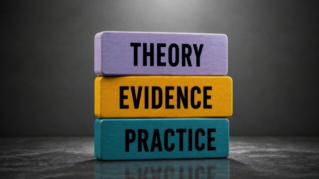 Stacked wooden blocks with theory evidence practice words on gray background for academic learning.