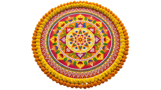 Beautiful circular rangoli design decorated with marigold flowers and traditional diya lamps for diwali festival celebration isolated on transparent background