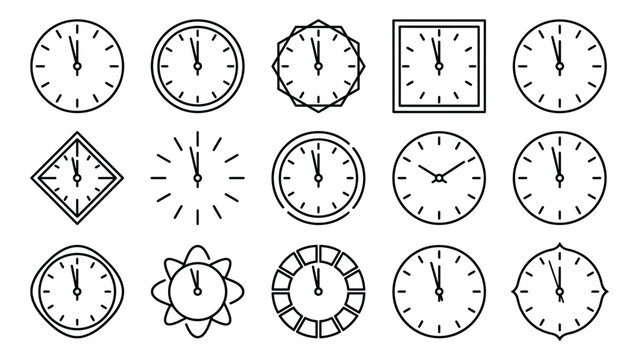Collection of various clock faces in different shapes and styles on a white background