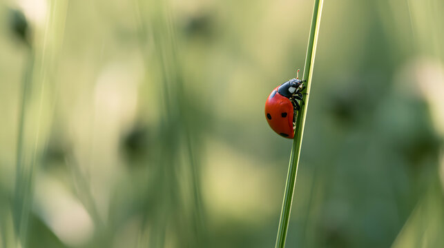 A red ladybug with black spots sits on a green grass stem beneath a softly out-of-focus natural setting