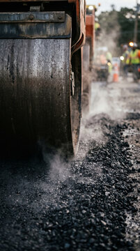 Extreme close-up of a heavy industrial steam roller compacting a hot steamy black asphalt surface during a professional road construction and highway paving project
