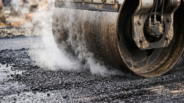 Extreme close-up of a heavy industrial steam roller compacting a hot steamy black asphalt surface during a professional road construction and highway paving project