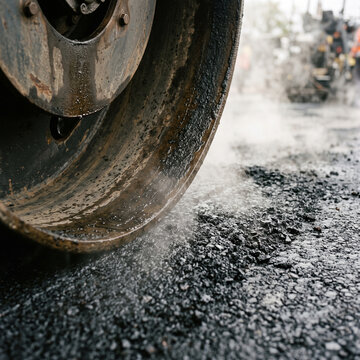 Extreme close-up of a heavy industrial steam roller compacting a hot steamy black asphalt surface during a professional road construction and highway paving project