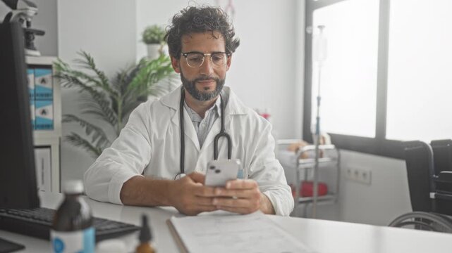 Man doctor holding smartphone and smiling with stethoscope visible at desk in clinic, seated and attentive; reassurance telemedicine care.