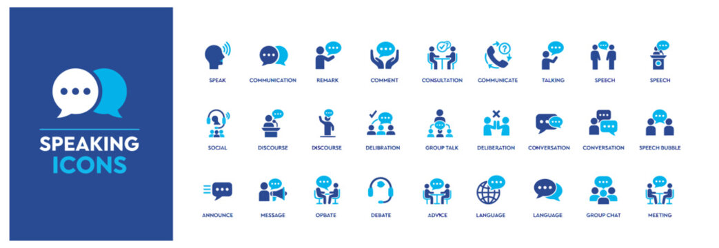 Collection of speaking and communication icons in blue and white for design projects.