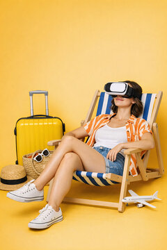 A young woman in a beach outfit, wearing VR goggles, relaxing on a striped lounge chair surrounded by travel accessories like suitcases and sunglasses.