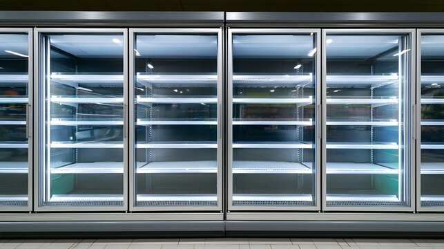 Empty glass door refrigerators with metal shelves in a commercial food storage area  illuminated by bright interior lighting
