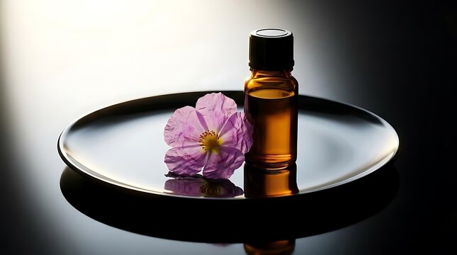 A small amber glass dropper bottle containing cistus essential oil next to a delicate pink flower on a reflective tray in a minimalist studio setting