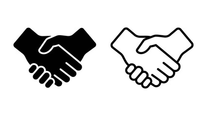 Handshake Icon Set: A pair of minimalist icons depicting two hands clasping in a handshake, representing agreement, partnership, and trust. © Shahed