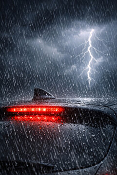A ship caught in a storm, with red lights illuminating the way. A shark's fin emerges from the water as lightning strikes above.