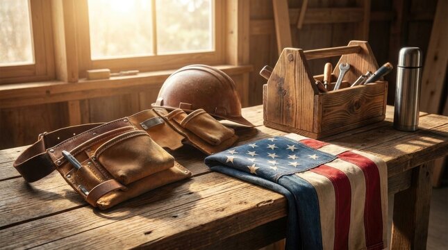 USA labor tribute: September seven, national day, wooden workbench, protective helmet, leather pouch, classic toolbox, rustic interior, patriot banner.