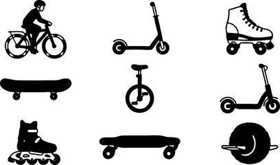 Icon set of personal transportation vehicles including bicycle, scooter, skateboard, roller skates, unicycle, and electric scooter. © Yosse