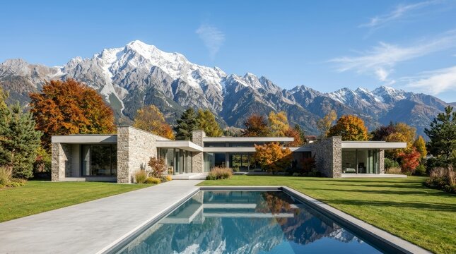 Stone and glass villa with reflecting pool set against snow-capped mountains in autumn - luxury mountain real estate listing concept
