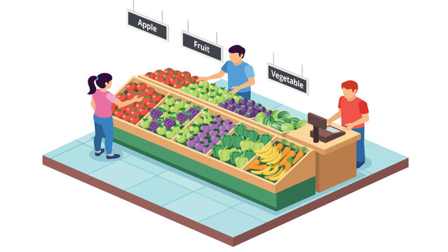 Isometric grocery store stall with fruits vegetables and customers vector