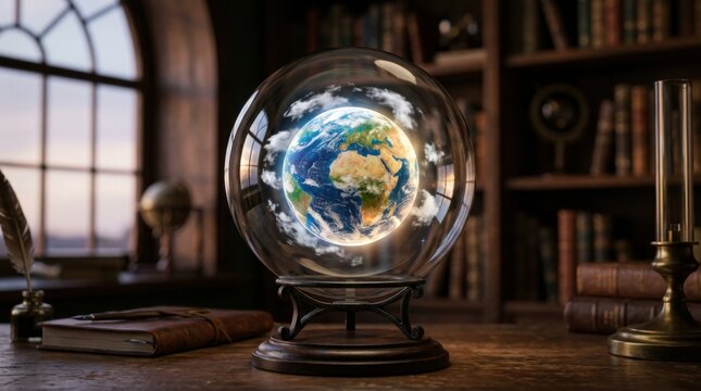 Glass globe with Earth inside on wooden table in classic library setting