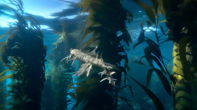 Leafy Seadragon Swimming Through Kelp Forest Underwater