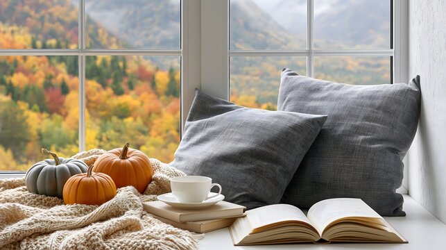 Cozy Autumn Window Sill Nook with Open Book, Coffee Cup, Pumpkins, Knitted Blanket, Pillows, and Autumn Mountain View