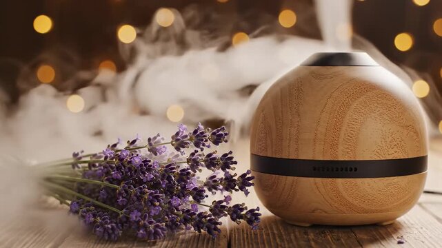 Aromatherapy diffuser emitting steam next to fresh lavender bouquet on wooden surface with bokeh lights, promoting relaxation and wellness