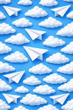Digital illustration of paper planes flying through blue sky and white clouds.