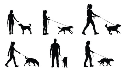 Naklejka premium People walking dogs on leash silhouette vector illustration set