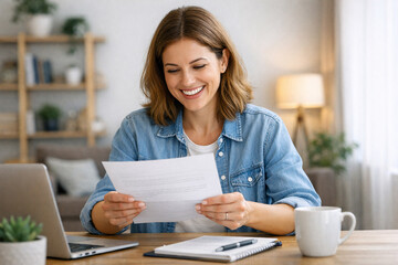 Fototapeta premium Woman wearing blue jeans, denim jacket, and white tee reading paperwork at desk.