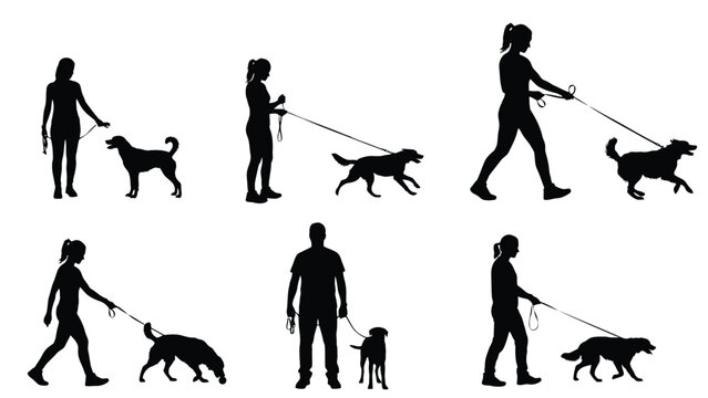 People walking dogs on leash silhouette vector illustration set