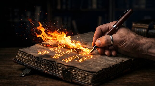 Hand writing on a scorched old book as flames and sparks spread across its surface, illuminated by intense orange firelight against a dark rustic background.