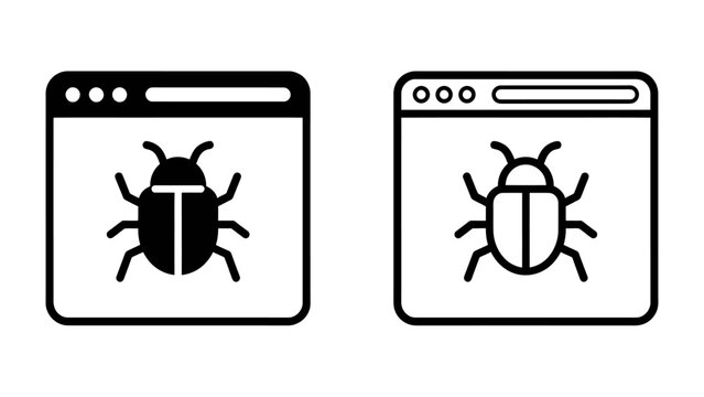 Software Bug Iconography: Two stylized icons representing a software bug, displayed within browser window outlines, symbolizing debugging and software development.