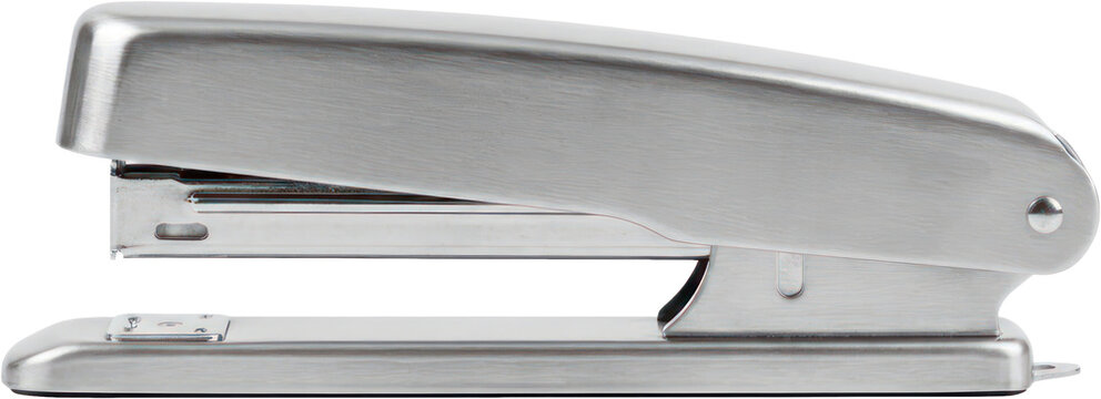 Silver metal desktop stapler for office use.