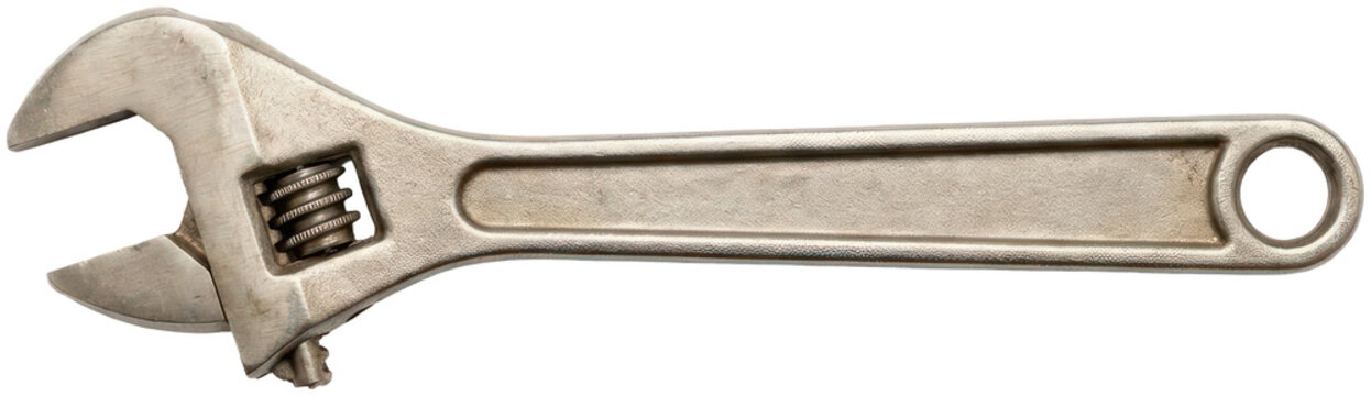 Steel adjustable wrench tool on black background