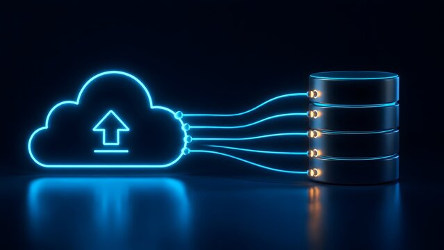 Cloud computing data upload concept with glowing neon cloud and server storage stack connected by fiber optic light lines