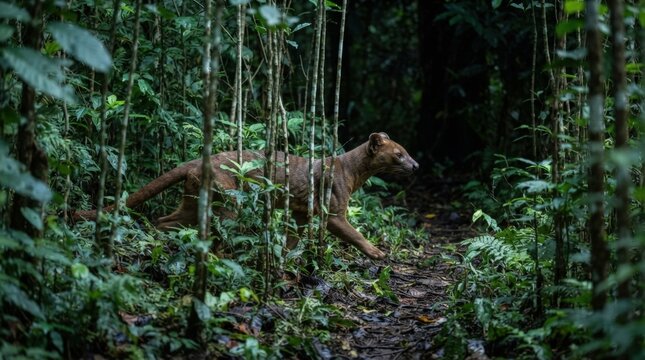 Fossa in its Natural Habitat: A slender fossa moves stealthily through dense, vibrant rainforest foliage, its sleek body perfectly camouflaged amidst the lush green undergrowth.