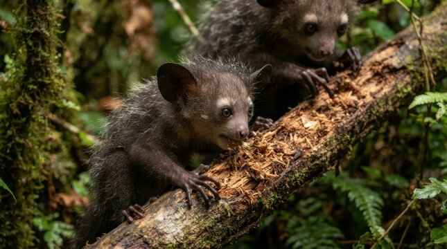 Aye-Aye Primates in Their Natural Habitat: Two aye-aye primates, with their large ears and slender fingers, navigate the lush branches of a moss-covered tree in their natural rainforest environment.