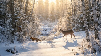 Naklejka premium Winter Woodland Encounter: A curious fox and a graceful deer navigate a snow-covered forest path as the golden rays of the morning sun pierce through the frosted trees.