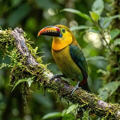 Naklejka premium Colorful Toucan Perched on Mossy Branch in Lush Rainforest