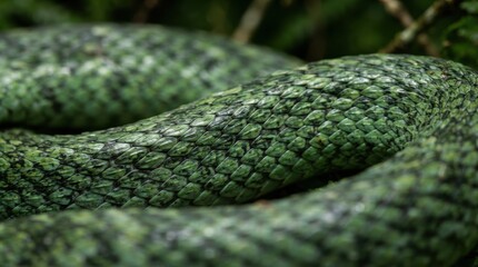 Fototapeta premium Camouflaged Green Snake: A close-up shot showcases the intricate scales and textured skin of a vibrant green snake, its body coiled amongst lush foliage.
