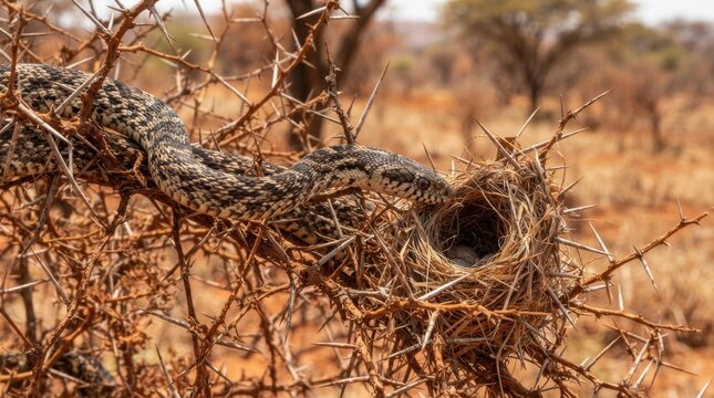 Reticulated Sidewinder Snake Nestling on Thorny Branch: A close-up view of a reticulated sidewinder snake coiled on a thorny branch, with a small bird's nest containing eggs nearby.