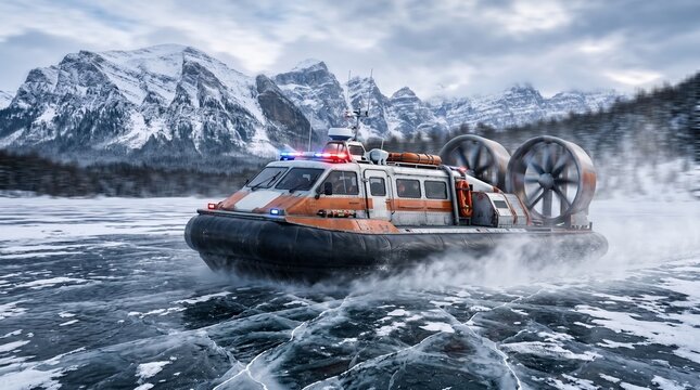 3D Heavy-Duty Emergency Medical Hovercraft Gliding Rapidly Over Cracked Frozen Lake in Snowy Mountains  