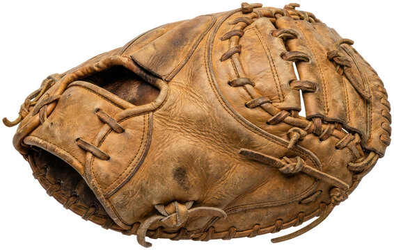 Vintage leather baseball catcher mitt on black.