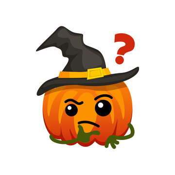 Cute Halloween pumpkin in witch hat confused with question mark sticker isolated on transparent background